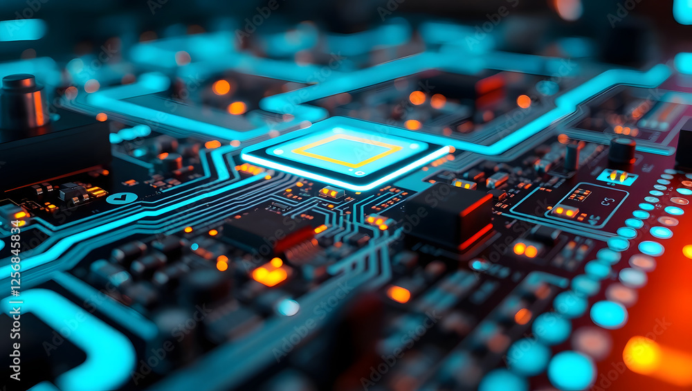 Poster circuit board glowing: a close-up view of a complex circuit board, with a bright, glowing processor 