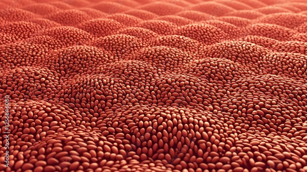 Poster red umami sesame close-up view of textured red surface with seed-like patterns and fluid design aest