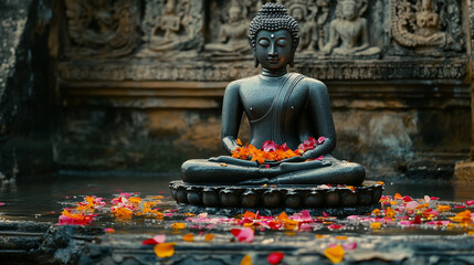 A seated Buddha statue covered in water and decorated with flower petals as a symbol of cleansing the soul during Khmer New Year, Ai generated images