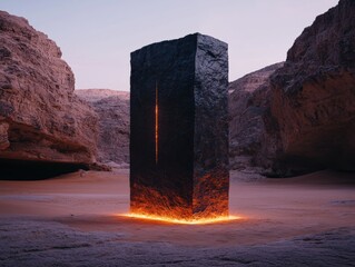 Monolith in a desert canyon landscape with glowing base and light streak.