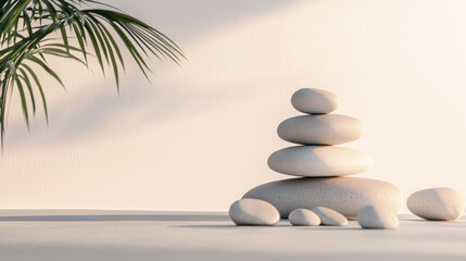 Obraz premium Serene Stacked Stones and Palm Leaf Minimalist Still Life