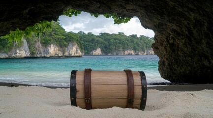 Fototapeta premium Treasure chest on a tropical beach in a cave.