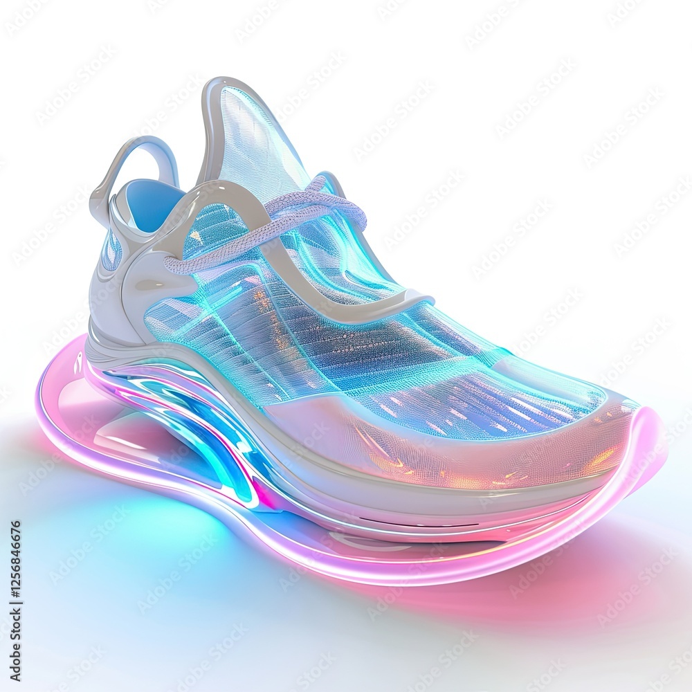 Poster a futuristic sneaker design featuring a translucent upper and illuminated sole. isolated on white ba