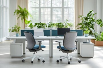 Modern Office Workspace Two Desks Plants Ergonomic Chairs