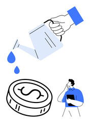 Hand watering a coin with blue droplets, symbolizing nurturing investments. Man with tablet ponders, showing decision-making. Ideal for finance, growth, investment, savings, business strategy