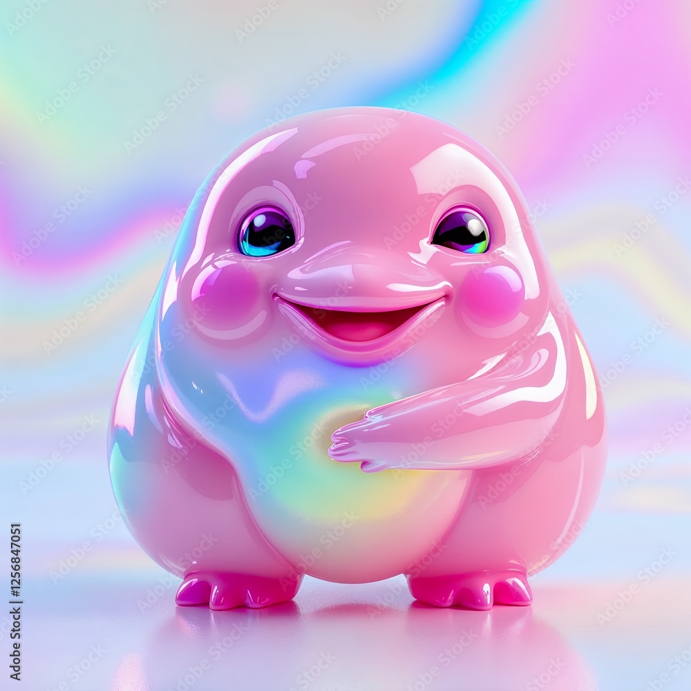 Poster pink cute character smiling blob object in shiny glossy style pastel cute creature with rainbow back