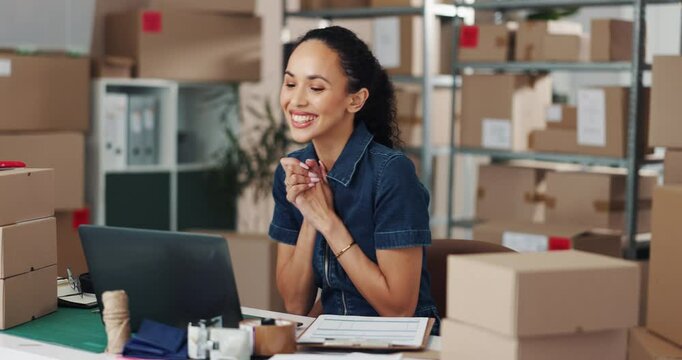 Woman, laptop and excited in small business for achievement, product sell out and sales target. Logistics, entrepreneur and happy at computer for ecommerce win, startup loan approval and opportunity
