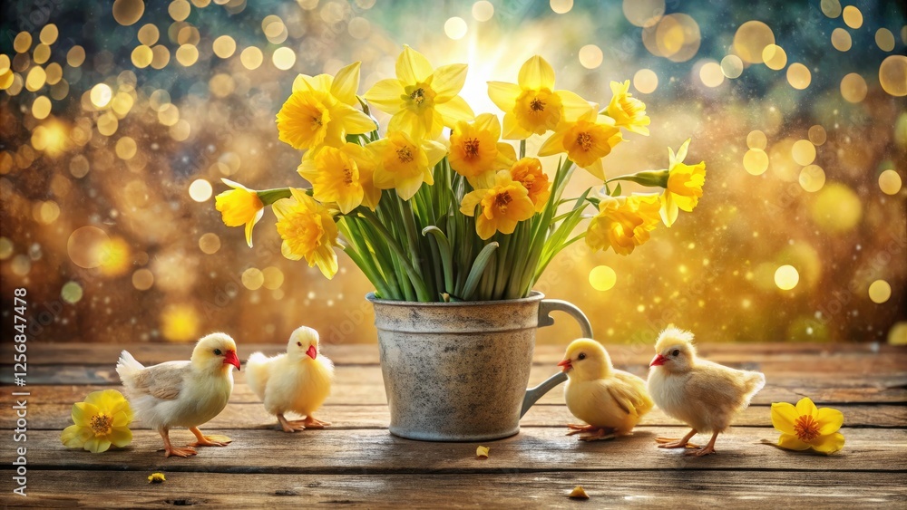 Aufkleber vibrant vase of daffodils with playful spring chickens in soft bokeh background for spring decor and