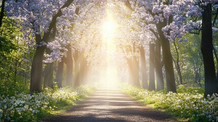 Fototapeta premium Sunlit path through blooming trees