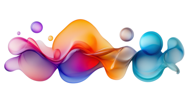 Colorful liquid shapes merging and flowing on transparent background