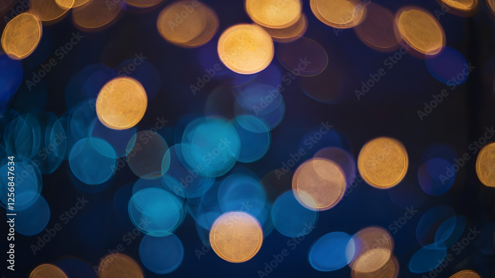 Poster blue and gold bokeh: abstract background of shimmering blue and gold bokeh lights, creating a festiv