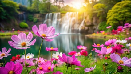 Obraz premium Vibrant Cosmos flowers blooming in a lush green garden with a serene pond and waterfall in the background , garden, serene, garden