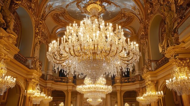 Awe-Inspiring Golden Chandeliers in a Majestic Palace Interior - Powered by Adobe