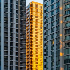 Fototapeta premium Modern High-Rise Buildings Reflecting Golden Sunset Light