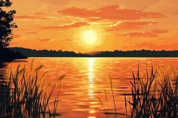 Obraz premium Beautiful orange sunset reflects on the lake with tall grass