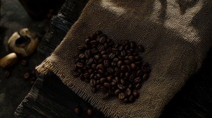 Fresh Coffee Beans on Burlap Textile in Rustic Setting