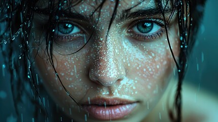 A young person with striking blue eyes stares intensely at the viewer while raindrops cascade down their face, enhancing the mood of introspection and vulnerability amidst a muted backdrop.