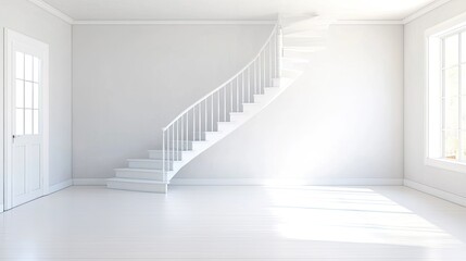 Bright and airy interior of a modern home featuring a spiral staircase and large windows