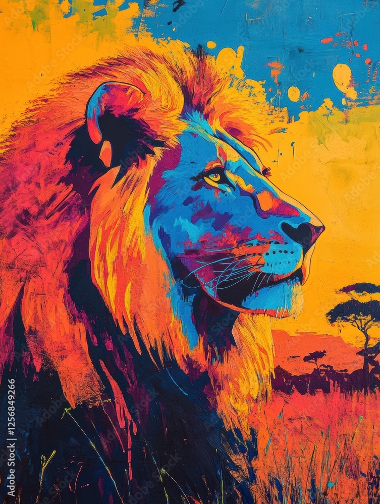 Poster Vibrant pop art lion portrait with sunset background and space for text. Generative AI