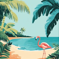 A vibrant flamingo stands on a sandy tropical beach