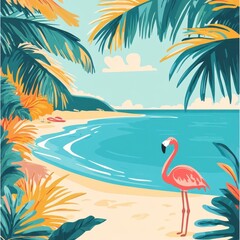Illustration of a flamingo on a tropical beach paradise