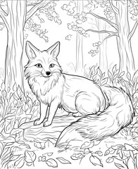 Coloring book for children cartoon style Fox in a picturesque forest