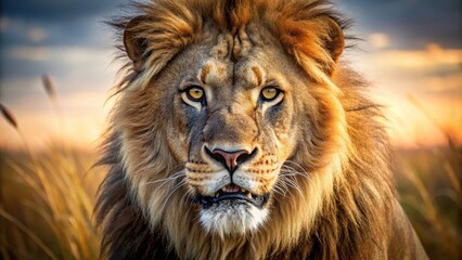 Fototapeta premium A fierce lion's face with sharp teeth and eyes that seem to bore into the distance, revealing a fierce and untamed energy , fierce creature, savannah landscape