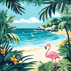 Vivid tropical beach scenery with a flamingo and lush foliage