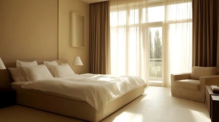 Serene Bedroom with Sunlight Streaming Through Sheer Curtains