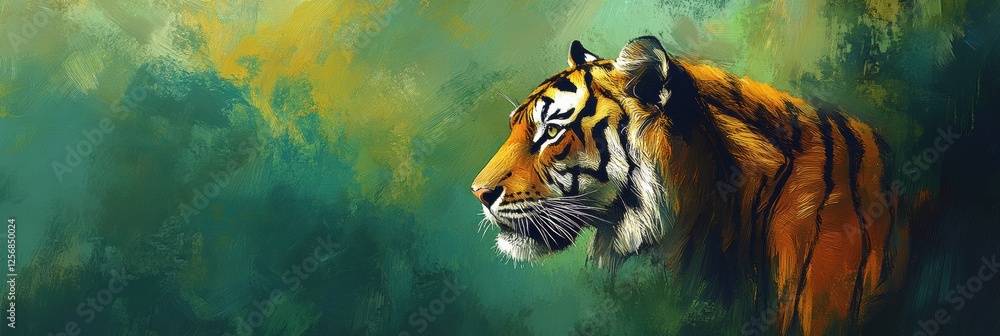 Leinwandbilder impressionist portrait of a tiger set against a vibrant jungle background with customizable text are