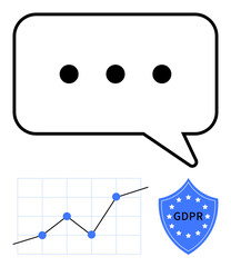 Chat bubble with ellipsis, upward line graph on grid, and GDPR shield icon. Ideal for digital communication, analytics, data protection, regulations, privacy policies, business strategies abstract