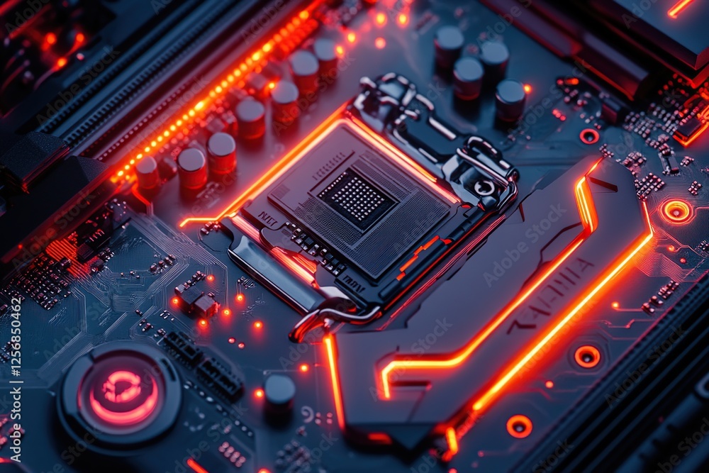 Poster exploring the intricate circuits of a computer motherboard with glowing led lights