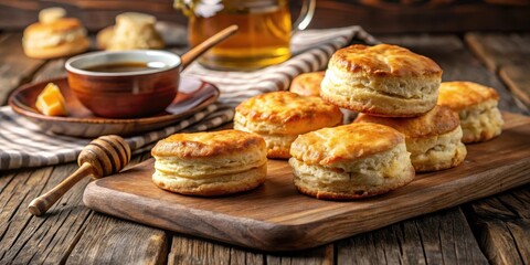 Warm, golden-brown buttermilk biscuits with a generous pat of melted butter and a drizzle of sweet honey sauce, nestled on a rustic wooden table , sweet, buttermilk biscuits
