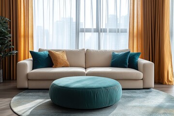 Cozy Modern Living Room with Teal Cushions and Round Coffee Table in Minimalist Scandinavian Style
