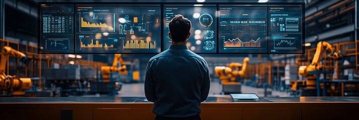 Businessman holding virtual interface panel of global logistics network distribution and transportation, Smart logistics, Innovation future of transport on large warehouse center background