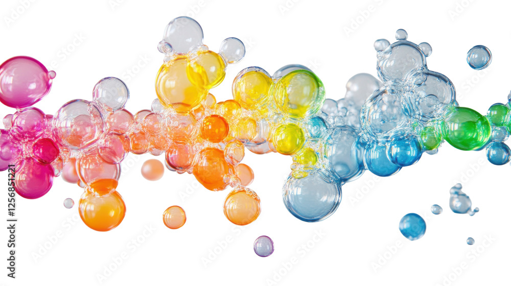 Poster rainbow colored soap bubbles floating on transparent background