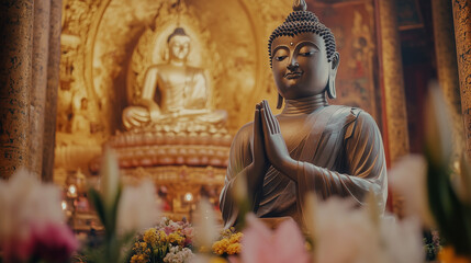 Inside view of Buddhist temple in Myanmar during Maha Thingyan, devotees praying in front of big Buddha statue with flower decoration and offerings, Ai generated images