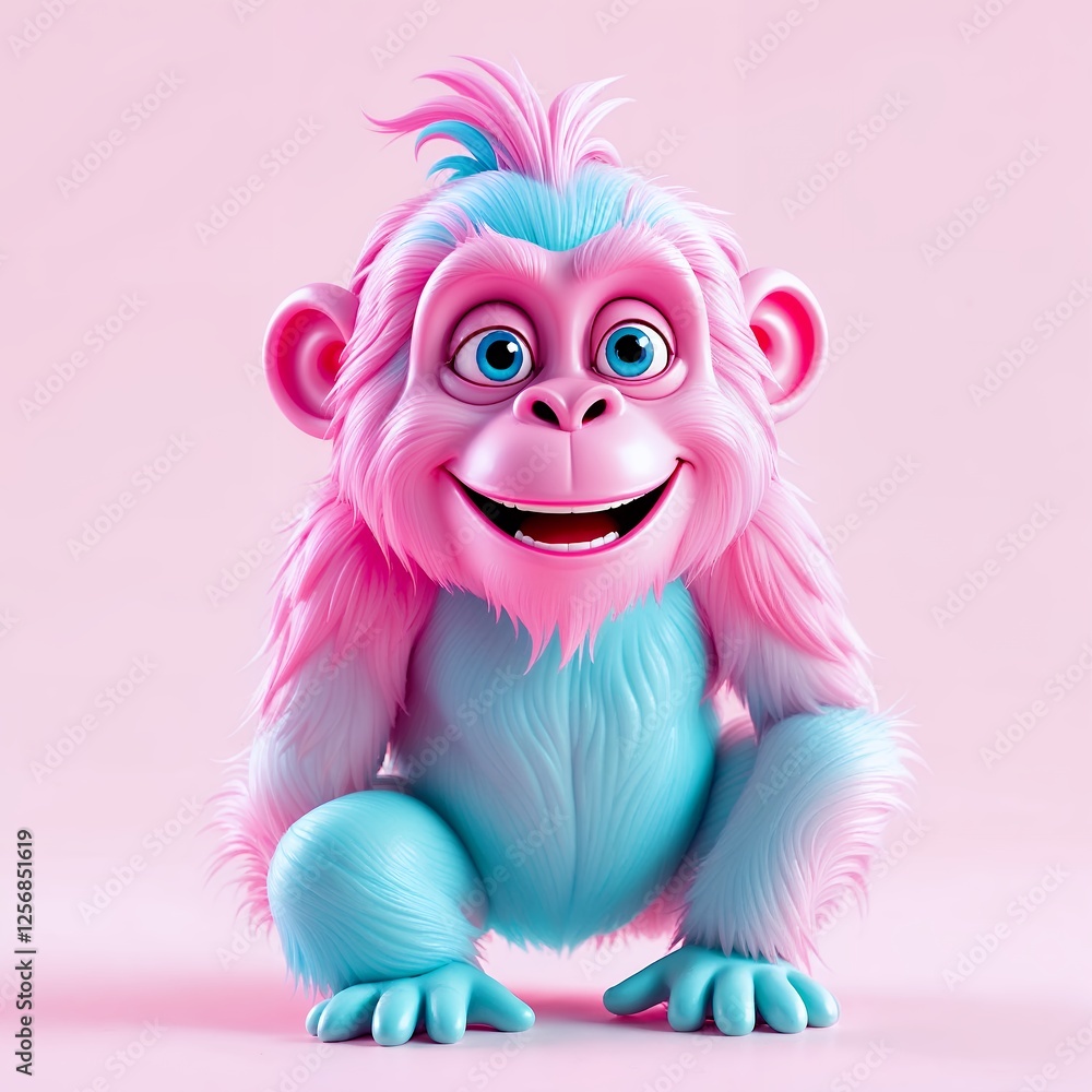Poster a happy monkey sits sitting on a blank canvas smiling with a pink color pastel background and in a s