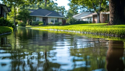 Obraz premium Flooded Suburban Street A Visual Representation of Severe Weather Damage and the Impact on Residential Properties During a Storm Surge.
