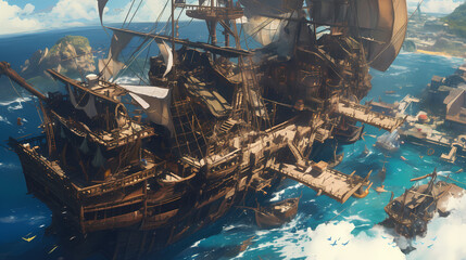pirate ship docked in the harbor