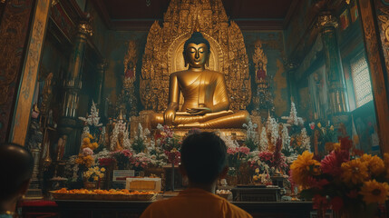 Fototapeta premium Inside view of Buddhist temple in Myanmar during Maha Thingyan, devotees praying in front of big Buddha statue with flower decoration and offerings, Ai generated images