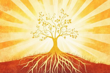 Artistic illustration of a golden tree with prominent roots