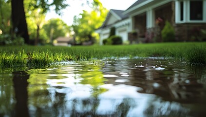 A Close-Up View of Standing Water in a Residential Yard After a Recent Rainstorm, Reflecting Surrounding Greenery and Homes
