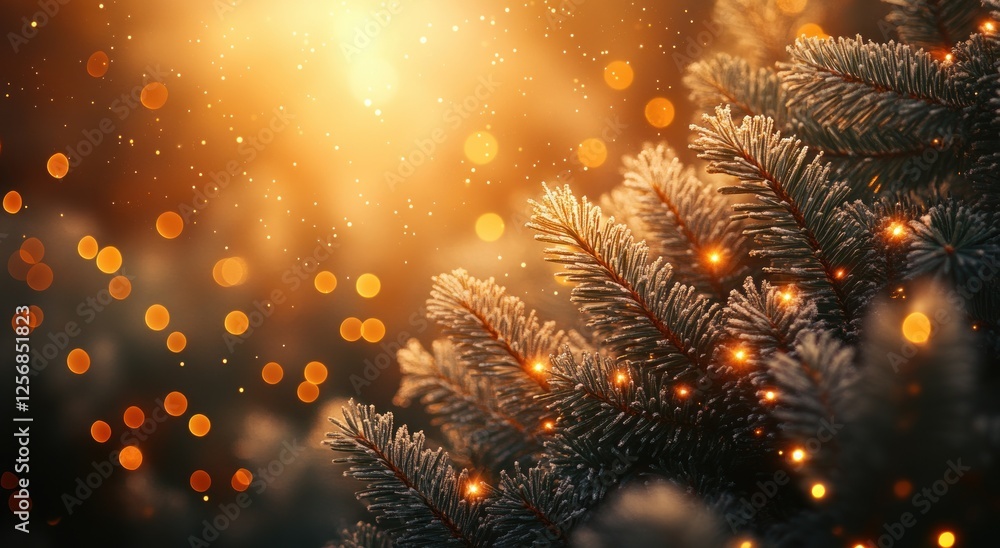 Poster christmas tree branches close-up with warm lights and soft bokeh background