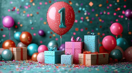 Colorful birthday celebration setup featuring a large number one balloon, gifts, and vibrant decorations