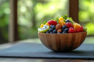 Fototapeta premium Healthy Fruit Salad Bowl Kiwi Strawberries Blueberries Almonds
