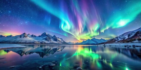 Naklejka premium Vibrant aurora borealis dancing across a serene winter sky with snow-covered mountains and frozen lakes , aurora, stars