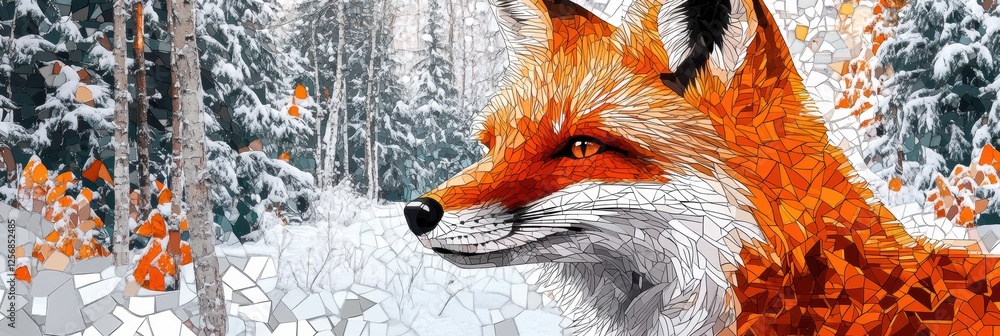 Leinwandbilder intricate mosaic fox portrait amidst a snowy forest background with tessellated patterns capturing n