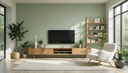 Fototapeta premium Modern living room interior design with light green walls, wooden furniture, and large windows