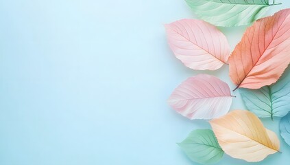 Obraz premium Pastel Hues of Autumn Leaves Graceful Arrangement Against a Delicate Light Blue Background